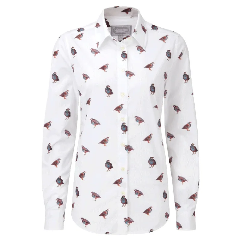 Schoffel Ladies French Partridge Print Norfolk Shirt Collared Satin Blouse