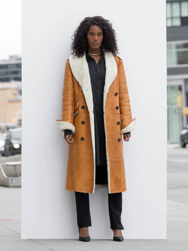 Shearling-Lined Camel Leather Coat Military-Inspired Overcoat
