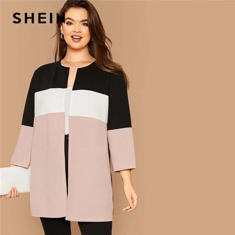 SHEIN Plus Cut-and-sew Open Front Coat Women Houndstooth Pattern Overcoat