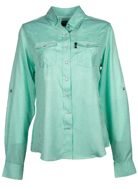 "Sol" Ladies Sea Foam Long Sleeve Pearl Snap Shirt Feminine Satin Blouse