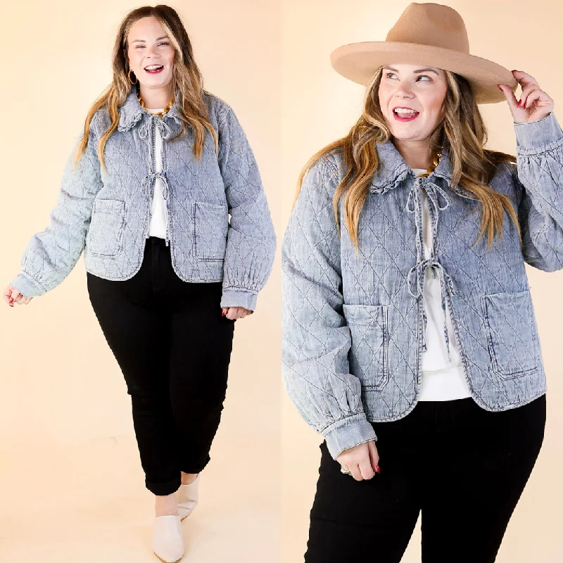 Signature Layer Quilted Denim Jacket with Front Ties in Light Wash Pleated Collar Blouse