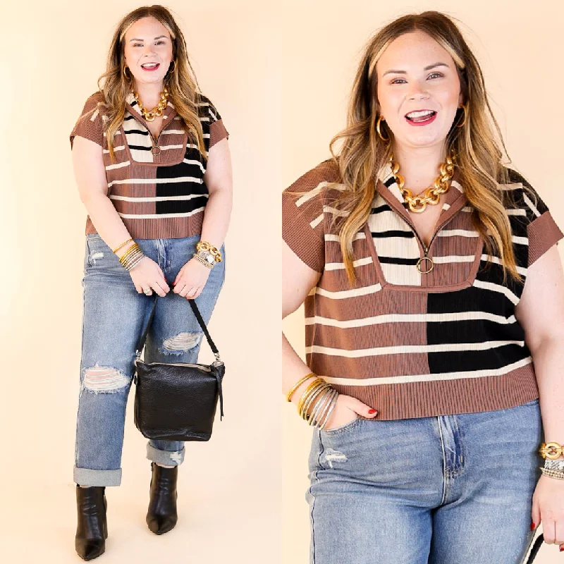 Simple Style Striped Half Zip Cap Sleeve Sweater with a Collar in Brown Mix Smart Business Blouse