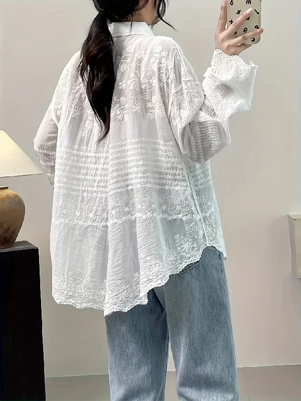 Sixsr Floral Pattern Button Front Blouse, Casual Long Sleeve Blouse For Spring & Fall, Women's Clothing Slim Fit Blouse