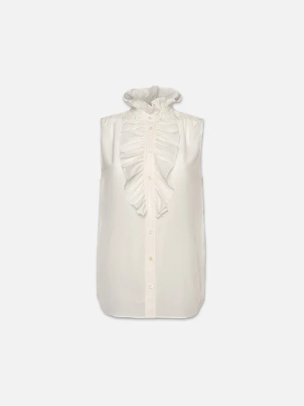 Sleeveless Ruffle Front Blouse -- Cream Delicate Bow Blouse