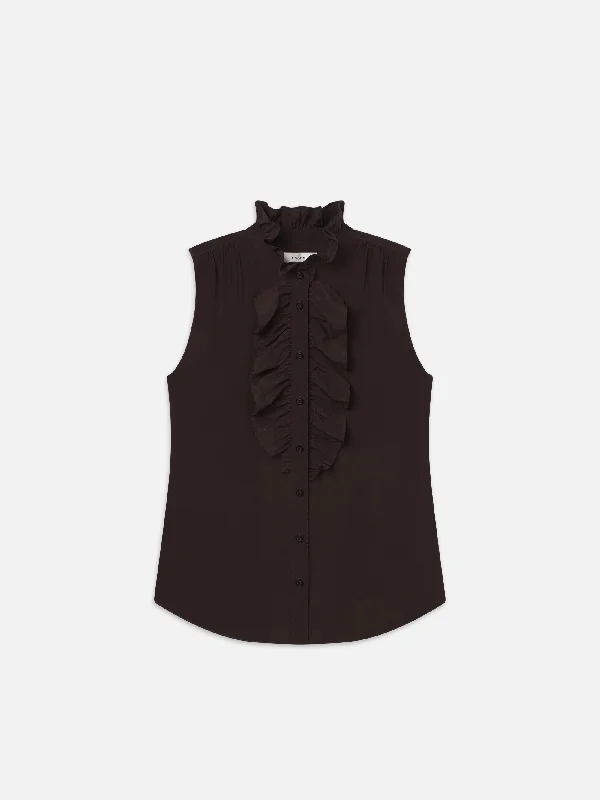Sleeveless Ruffle Front Blouse -- Espresso Floral Chiffon Blouse