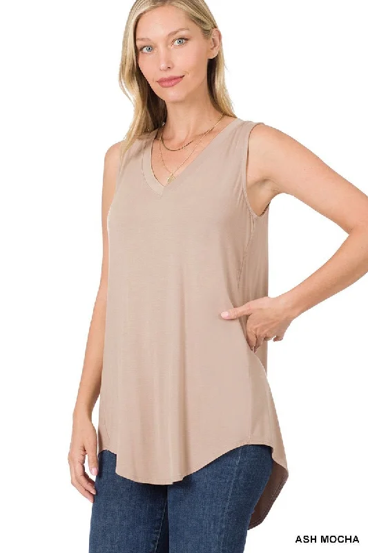 Sleeveless V-Neck High-Low Top spandex blend tank