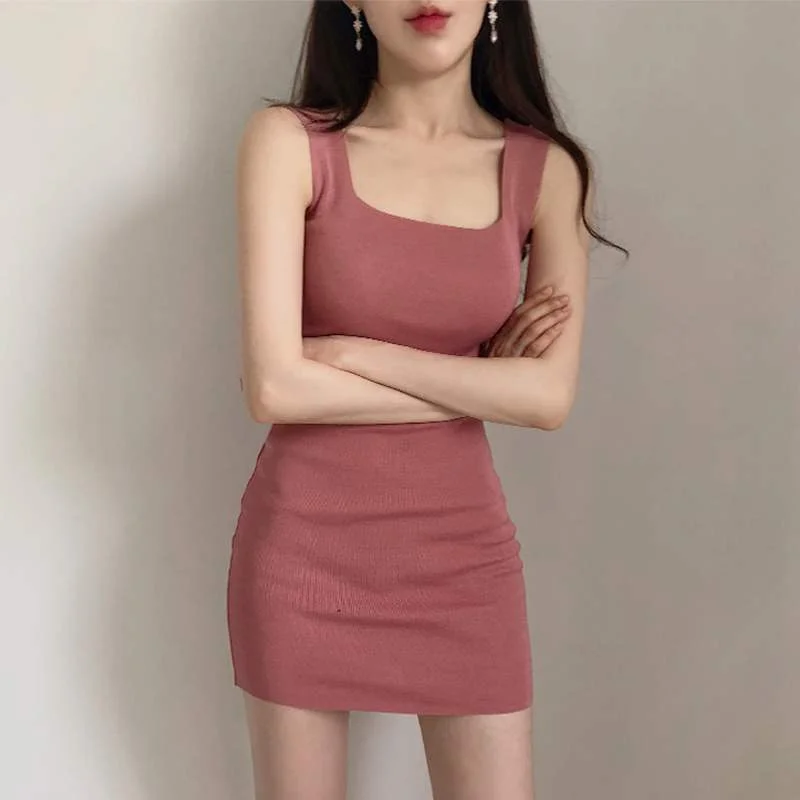 Sling Dress Women Spring and Summer Knitted Square Neck Dress Tight-fitting Hip Bottoming Vest Skirt Summer Sleeveless Short Dress loose fit tank