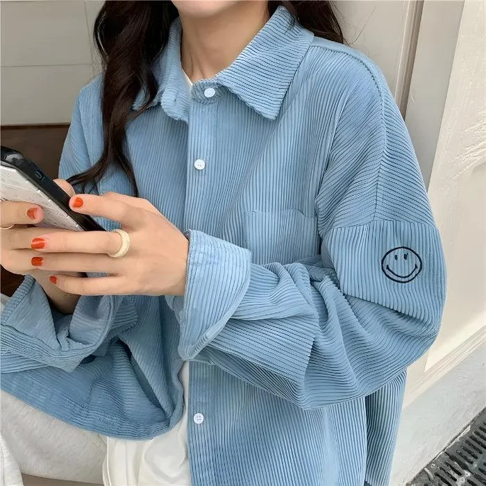 Smiley Embroidered Corduroy Shirt Feminine Puff Blouse