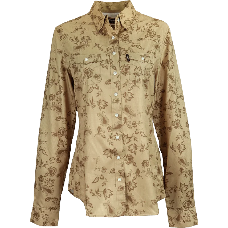 New! "Sol Competition" Ladies Tan Floral Print Long Sleeve Sheer Sleeve Blouse