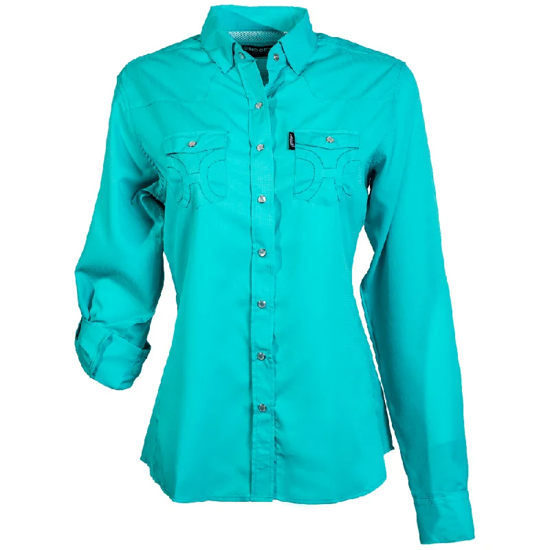 "Sol" Ladies Blue Long Sleeve Pearl Snap Shirt Everyday Stylish Blouse