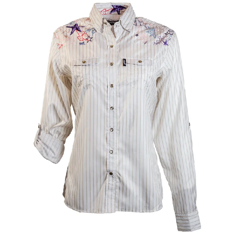 "Sol" Ladies Cream w/Stars & Floral Print Long Sleeve Pearl Snap Shirt Sleeveless Chiffon Blouse