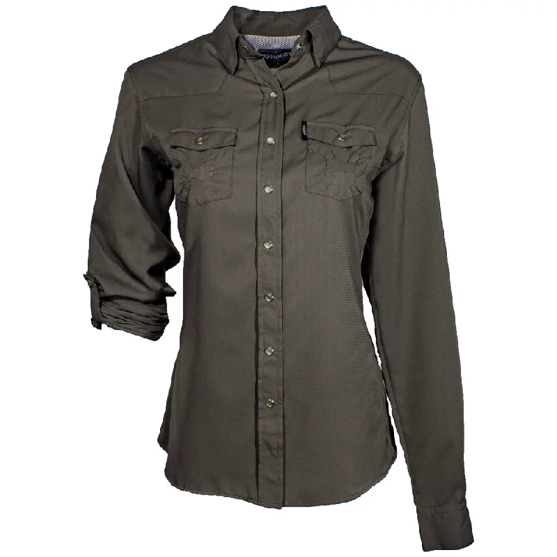 "Sol" Ladies Dark Grey Long Sleeve Pearl Snap Shirt Vintage Lace Blouse