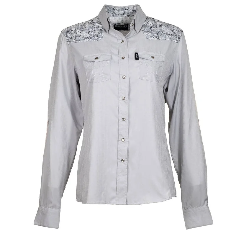 "Sol" Ladies Grey w/Floral Pattern Pearl Snap Shirt Off-Shoulder Wrap Blouse