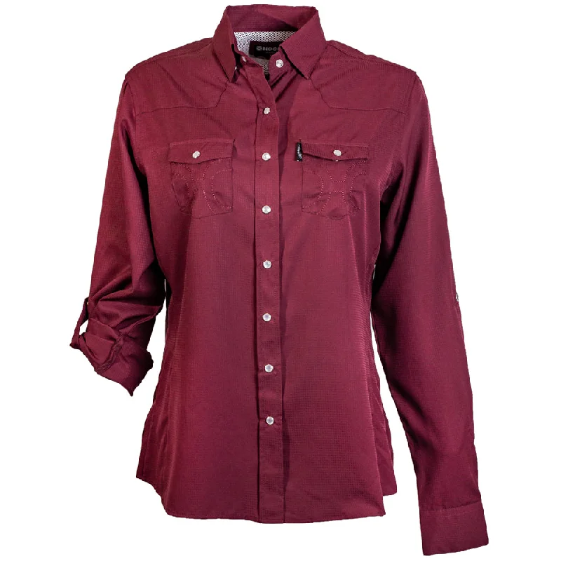 "Sol" Ladies Maroon Long Sleeve Pearl Snap Shirt Boho Chic Blouse