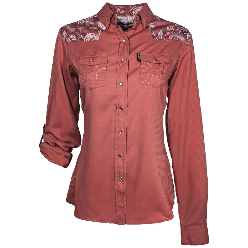 "Sol" Ladies Marsala w/Floral Pattern Detailing Long Sleeve Pearl Snap Shirt Ruffled Neck Blouse