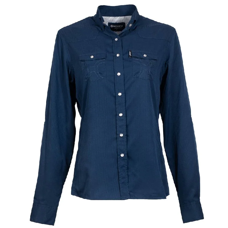 "Sol" Ladies Navy Long Sleeve Pearl Snap Shirt Delicate Pleat Blouse