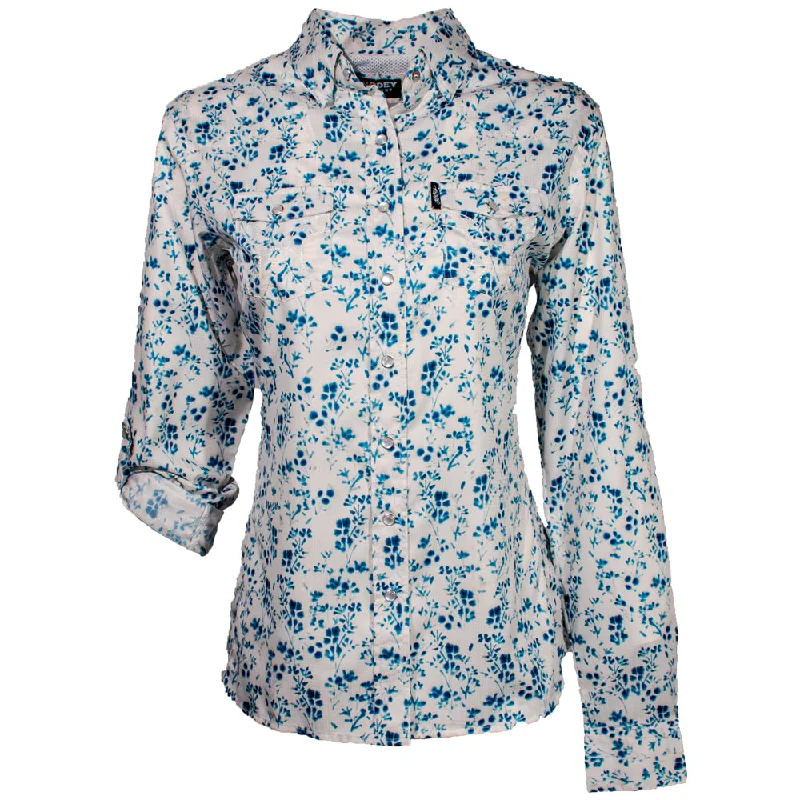 "Sol" Ladies White Floral Pattern Long Sleeve Pearl Snap Shirt Classic White Blouse