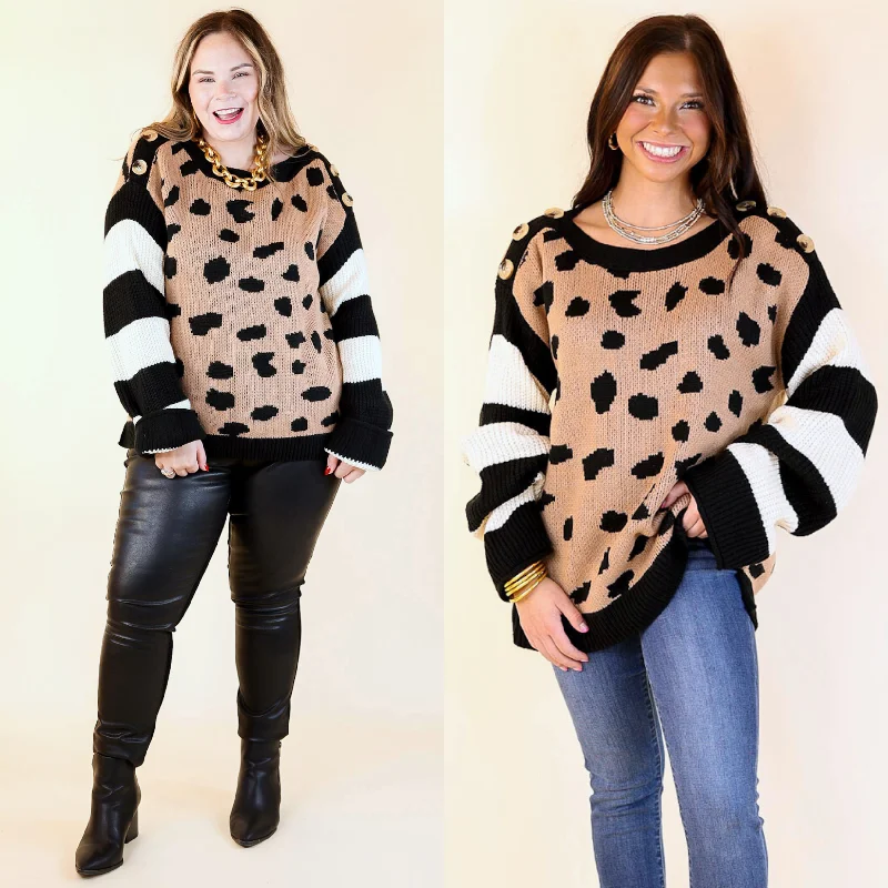 Spotted in Aspen Dotted Sweater with Striped Sleeves and Buttons in Mocha and Ivory Gathered Detail Blouse