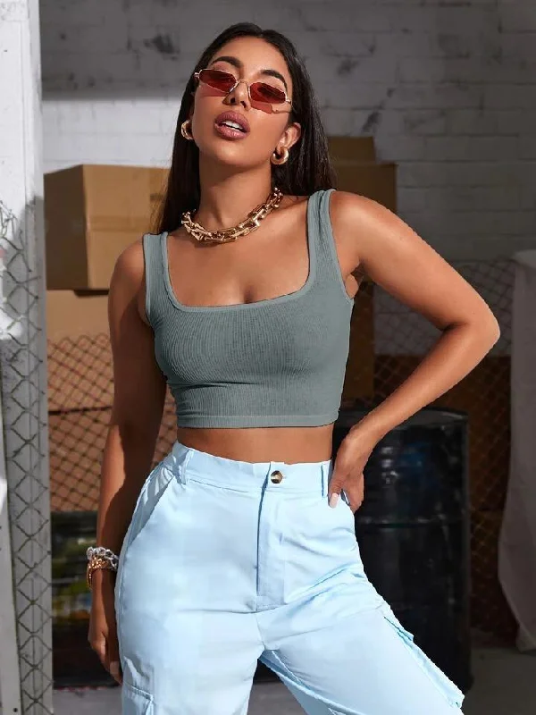SQUARE NECK RIB-KNIT CROP TANK TOP Sporty Running Vest
