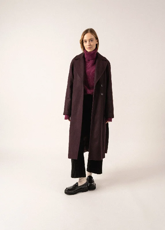 Ste Enora Classic Coat - long and belted (PRUNE FONCE) Parisian Style Overcoat