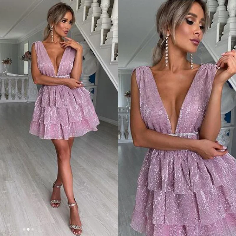 Summer Bling Mini Dress For Women Party Sexy V Neck Sleeveless Cascading Ruffle Dresses Sweetheart Pink Dress Vestido casual tank top