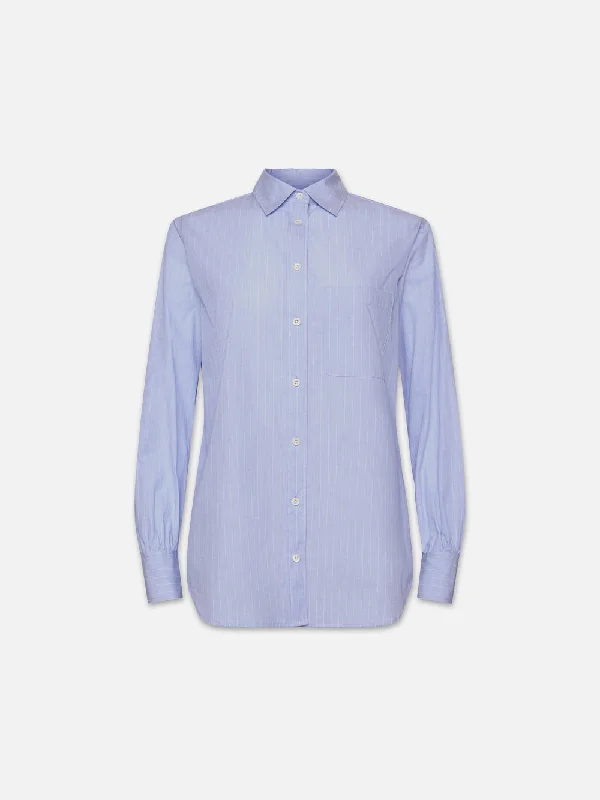 The Borrowed Pocket Shirt -- Chambray Blue Feminine Ruffle Blouse