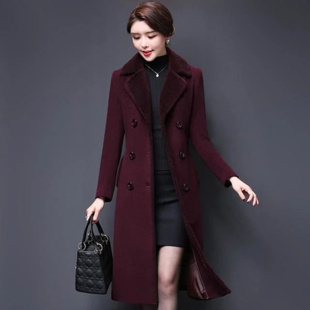 Thicken Cashmere Collar Wool Blends Women Coat Elegant Checkered Overcoat