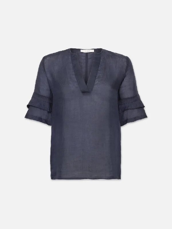 Tiered Ruffle Short Sleeve Blouse -- Navy Sweetheart Neck Blouse
