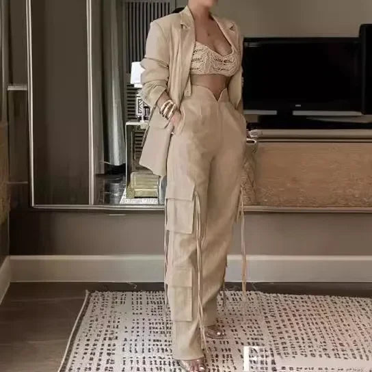 Two Piece Sets Womens Outifits Commuter Suit Solid Long Sleeve Turn Down Collar Tops and Wide Leg Pants with Multiple Pockets mesh tank top