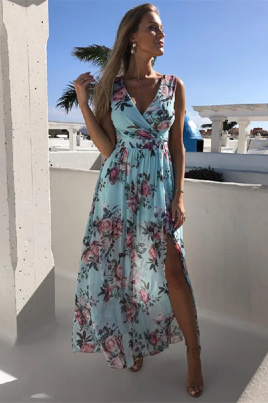 V-Neck Light Blue Floral Print Summer Dress soft tank top