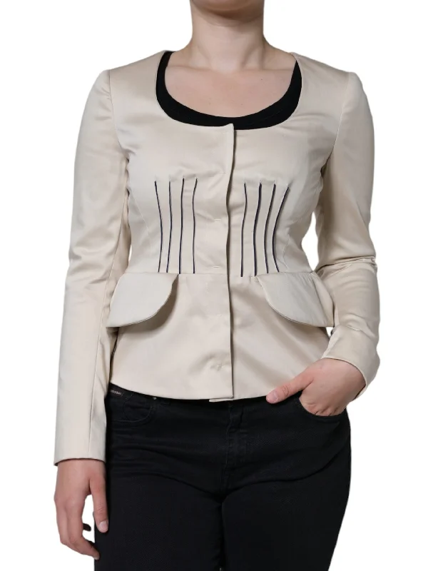 Valentino Beige Cotton Long Sleeves Round Neck Blazer Tailored Jacket Women's Solid Blazer