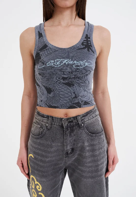 Womens Vibrant Dragon Cropped Vest - Charcoal Oversized Knit Vest