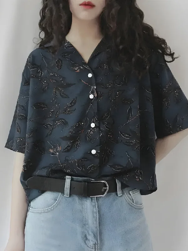 Vintage Leaf Designed Shirt Office Formal Blouse