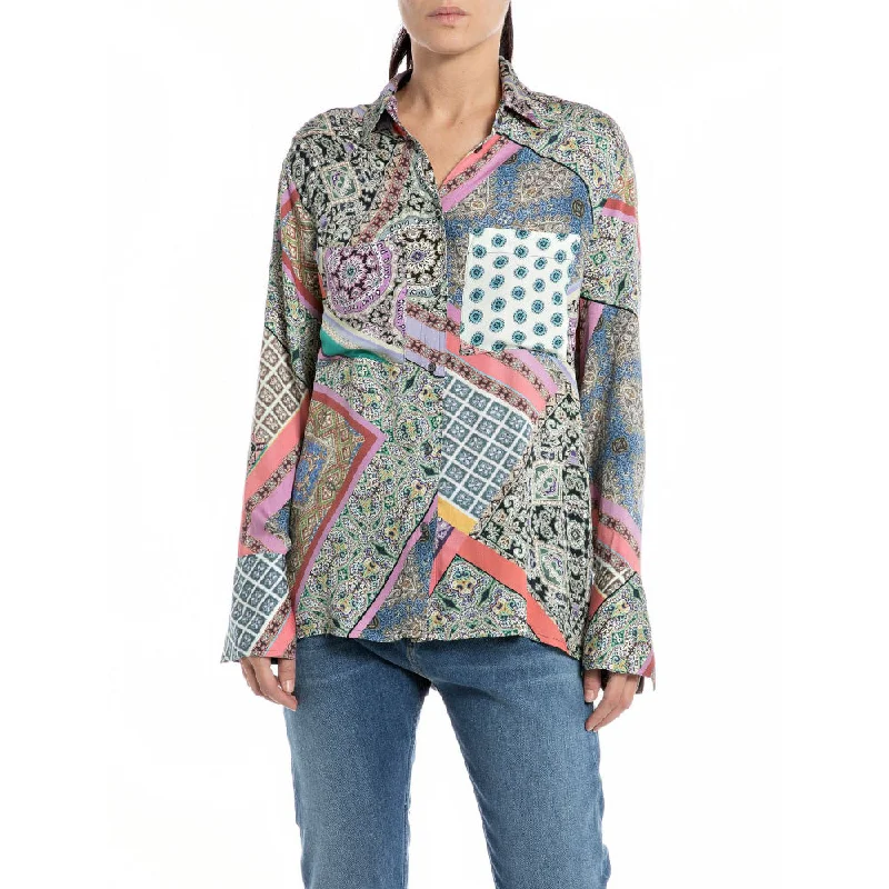 Replay Women's Shirt Comfort Fit All-over Printed Viscose Satin Elegant Silk Blouse