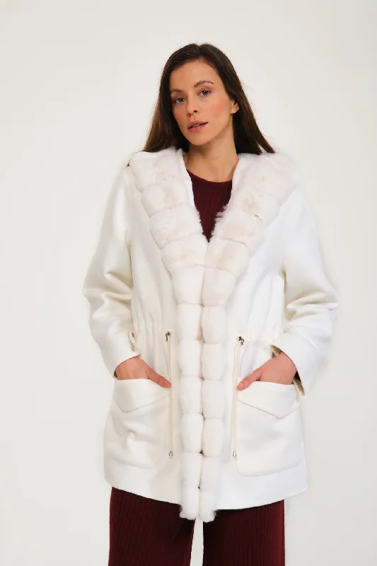 White Wool & Chinchilla Fur Coat Plush Sherpa Overcoat