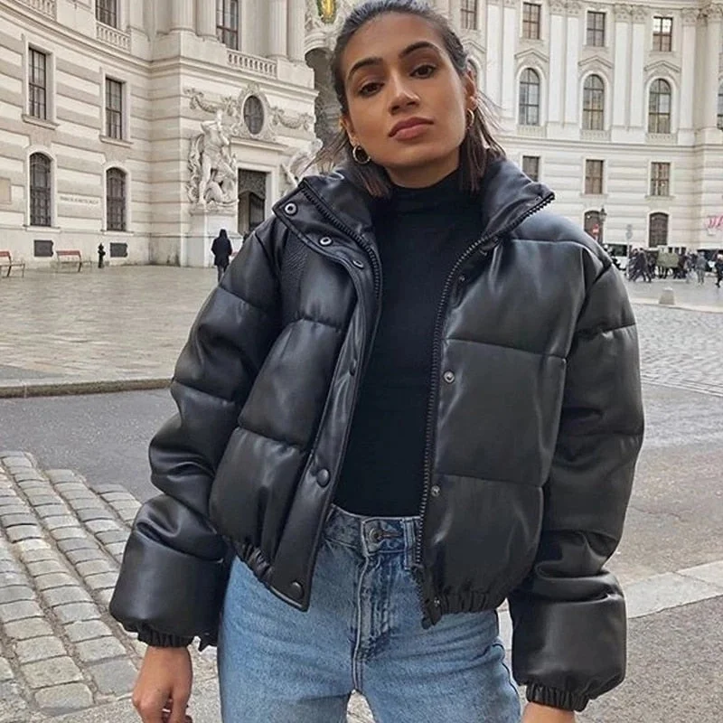 Winter Warm Thick Pu Leather Coats Women Short Parkas Black Buttoned Longline Coat