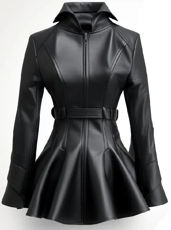 Women Black Designer Peplum Leather Jacket Trendy A-Line Coat