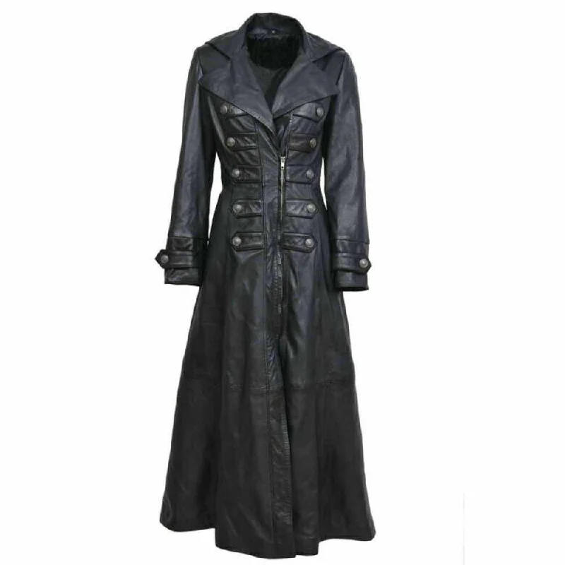 Women Black Leather Trench Military Long Coat Relaxed Fit Overcoat