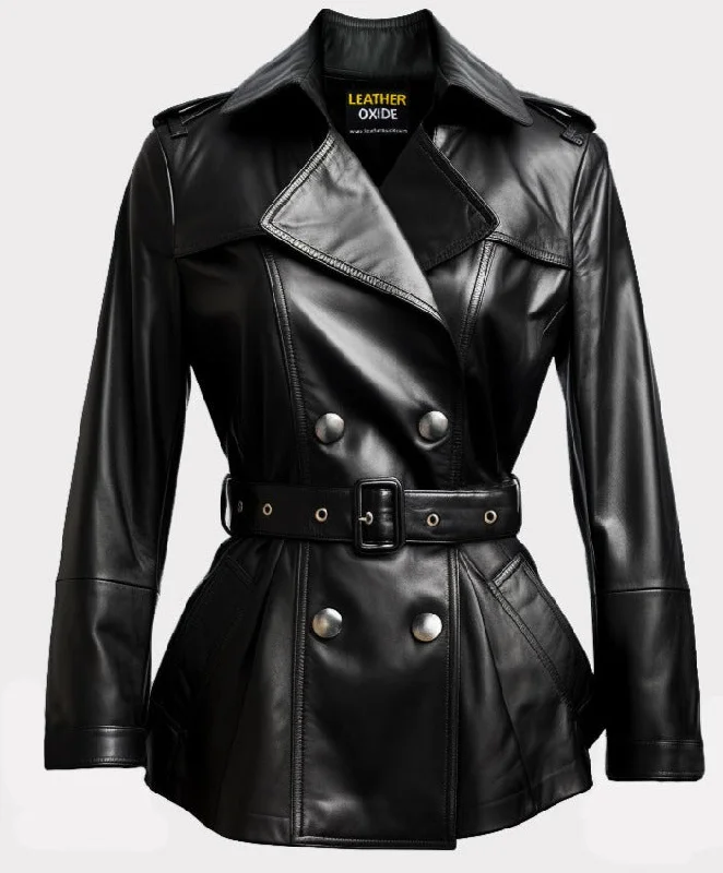 Women Black Leather Winter Coat Belted Style Minimalist Straight Coat