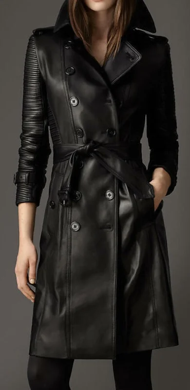 Women Black Military Stylish Leather Coat High-End Luxe Coat