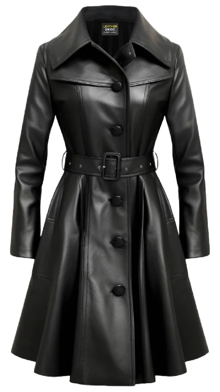 Women Black Real Long Leather Coat Feminine Silhouette Coat