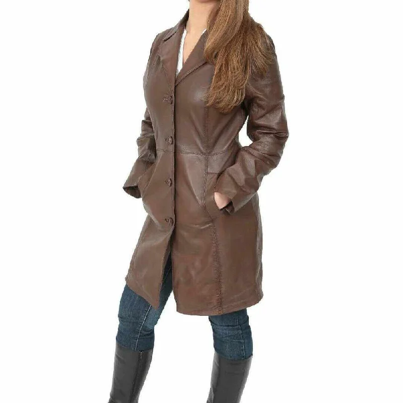 Mid Length Brown Leather Trench Coat Women Hooded Warm Overcoat