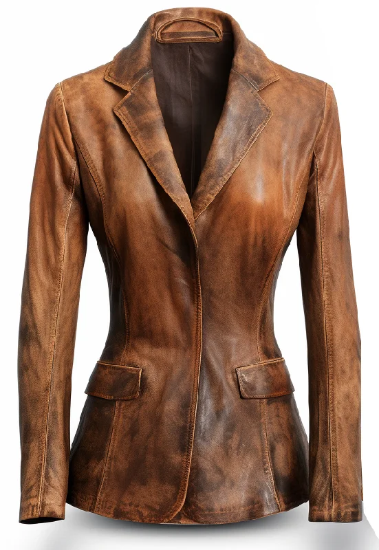 Women Designer Brown Waxed Leather Blazer Layered Look Overcoat