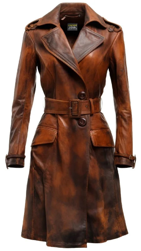 Women Distressed Brown Vintage Leather Long Coat Embroidered Classic Overcoat