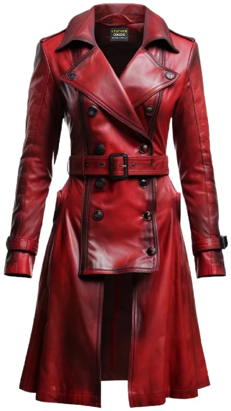 Women Distressed Red Leather Long Coat - Distressed Leather Coat Ultra-Warm Wool Coat