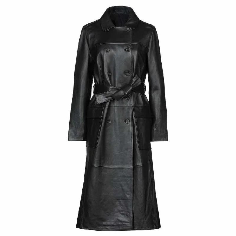 Double Breast Trench Black Leather Coat Women Double-Breasted Long Coat