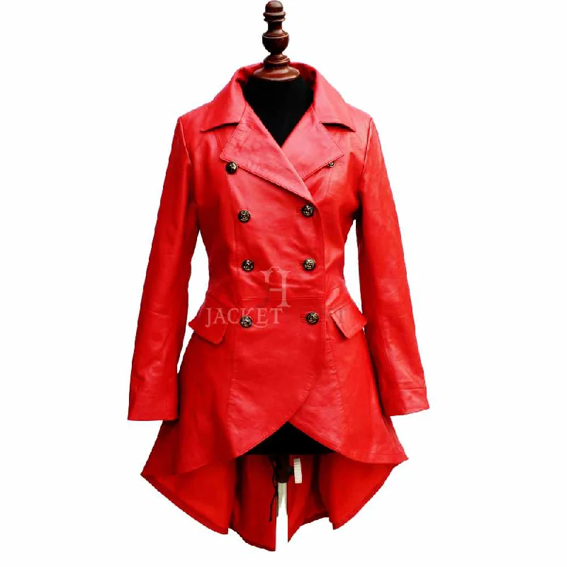 Women Double Breast Military Red Leather Coat Soft Textured Coat