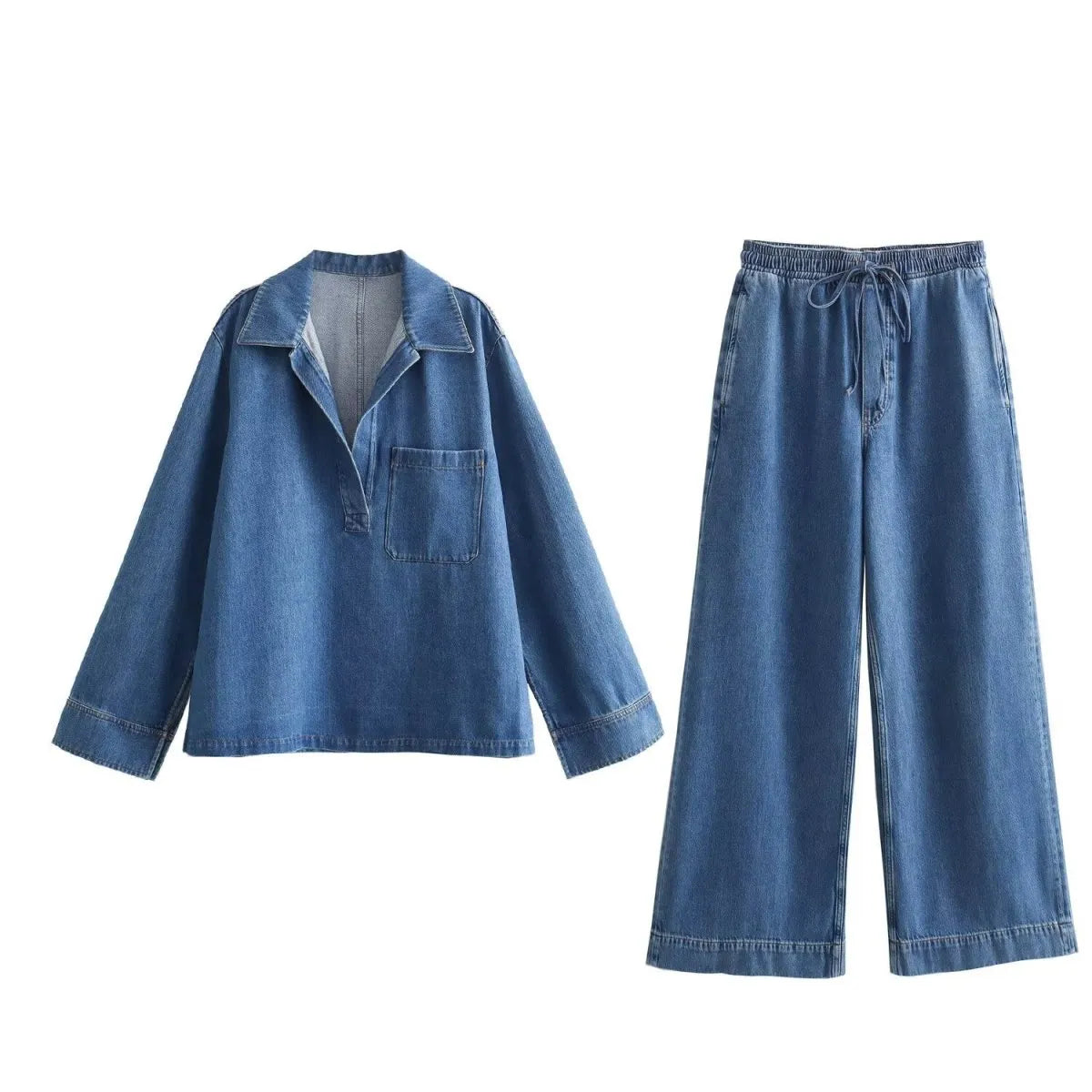 Women Fashion Casual V-Neck Lapel Long Sleeve Denim Top Wide Leg Pants Two-Piece Set Women's High-End Blazer