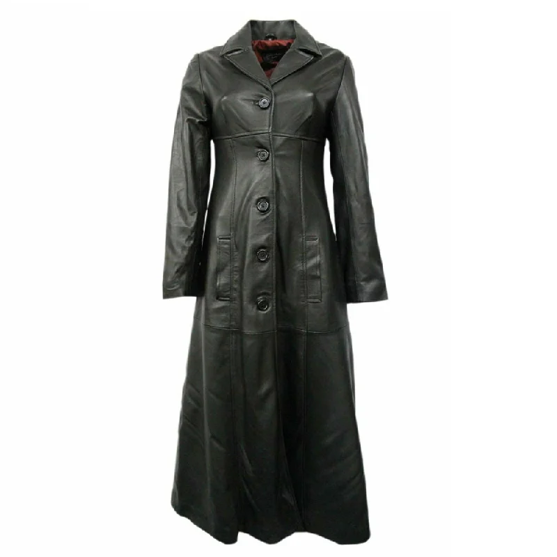Women Black Leather Long Trench Overcoat Classic Plaid Overcoat