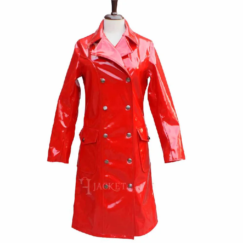 Women Military Double Breast Red Vinyl PVC Coat Chic Monochrome Coat